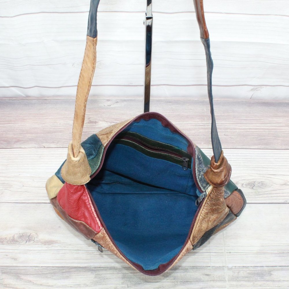 *Womens Multicolor Patchwork Leather Zip Top Hobo Purse Handbag Shoulder Bag - Picture 7 of 8